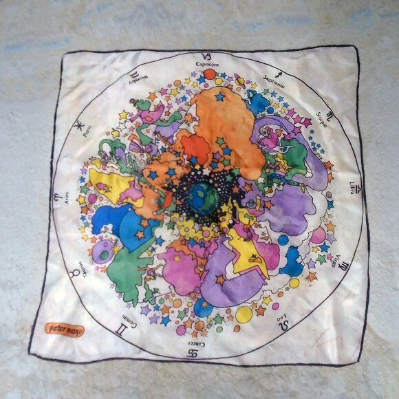 Vintage Peter Max Astrology Scarf - 60s MOD Silk Star Child Horoscopes - Picture 2 of 9